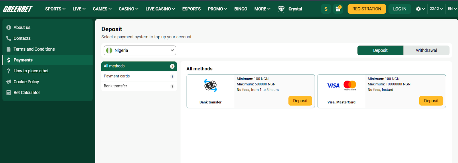 Greenbet Deposit Options