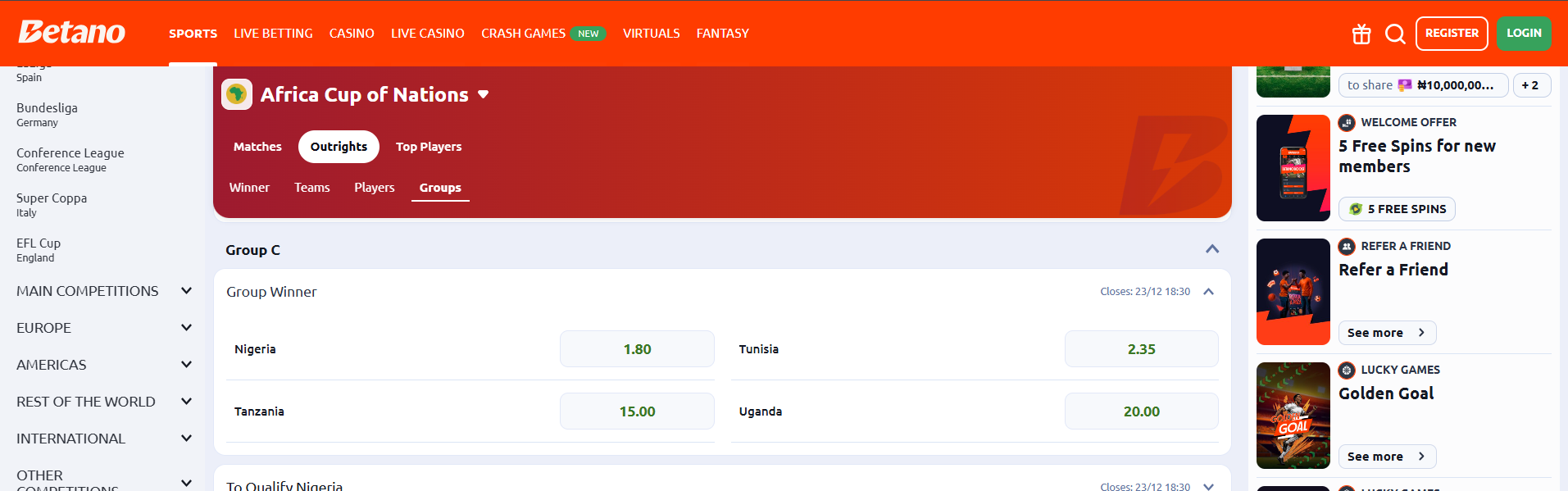 Betano AFCON 2025 Group C Outright Odds