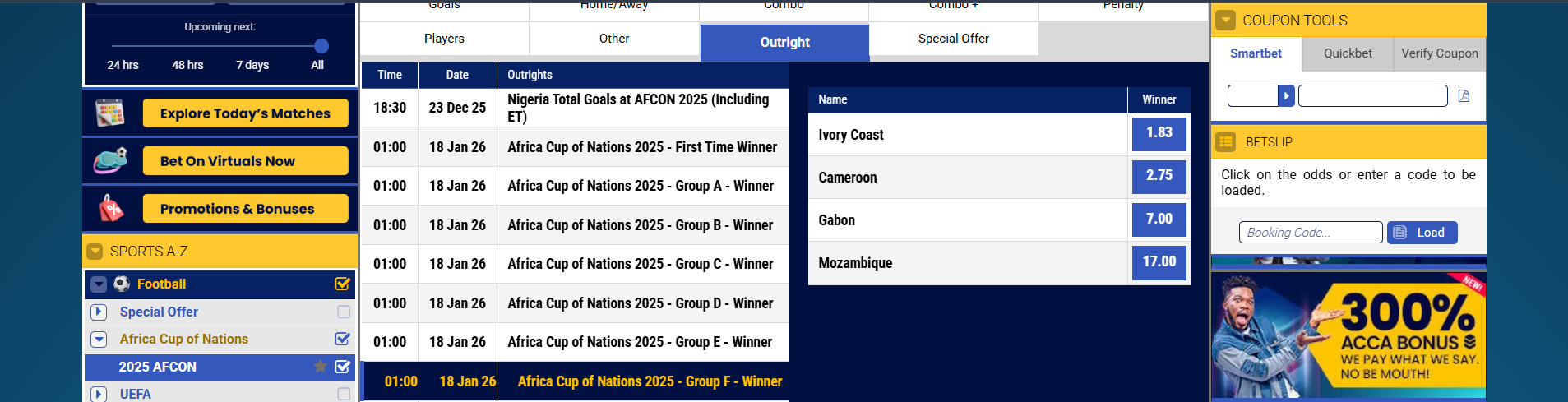 Betking 2025 AFCON Group F Outright Odds