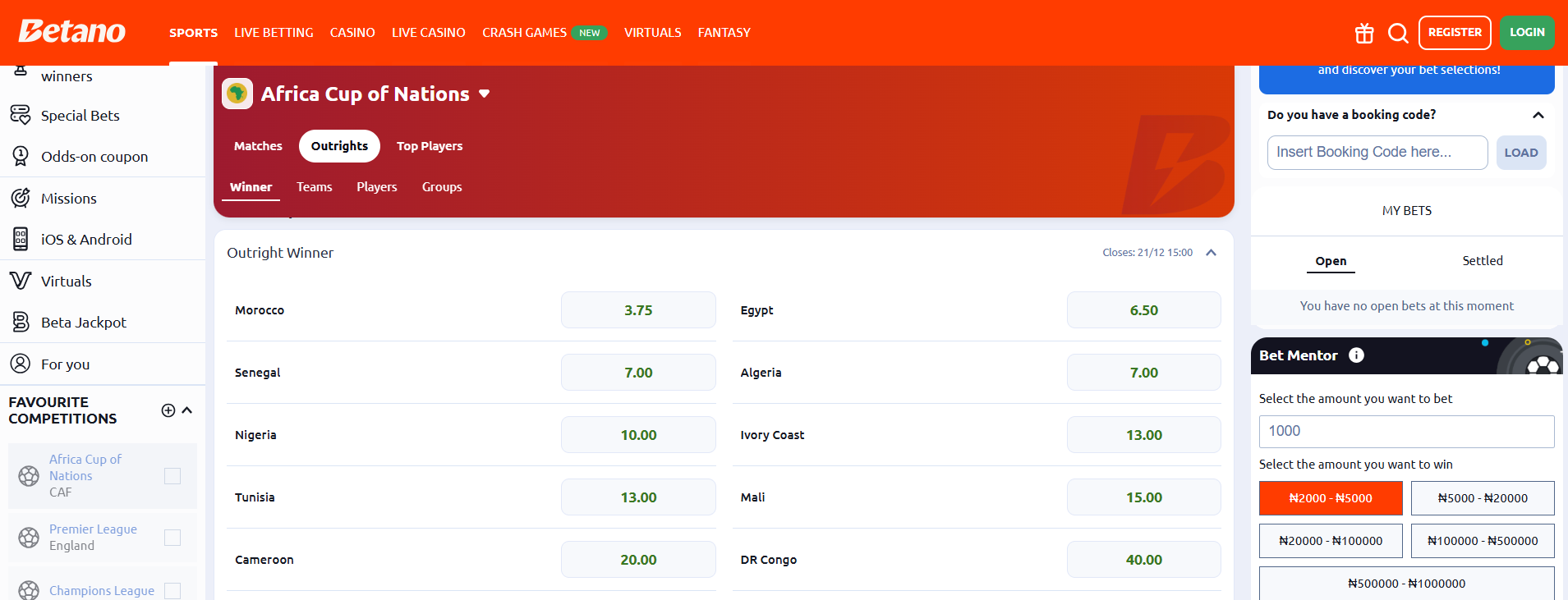 2025 Betano AFCON Winner Outright odds