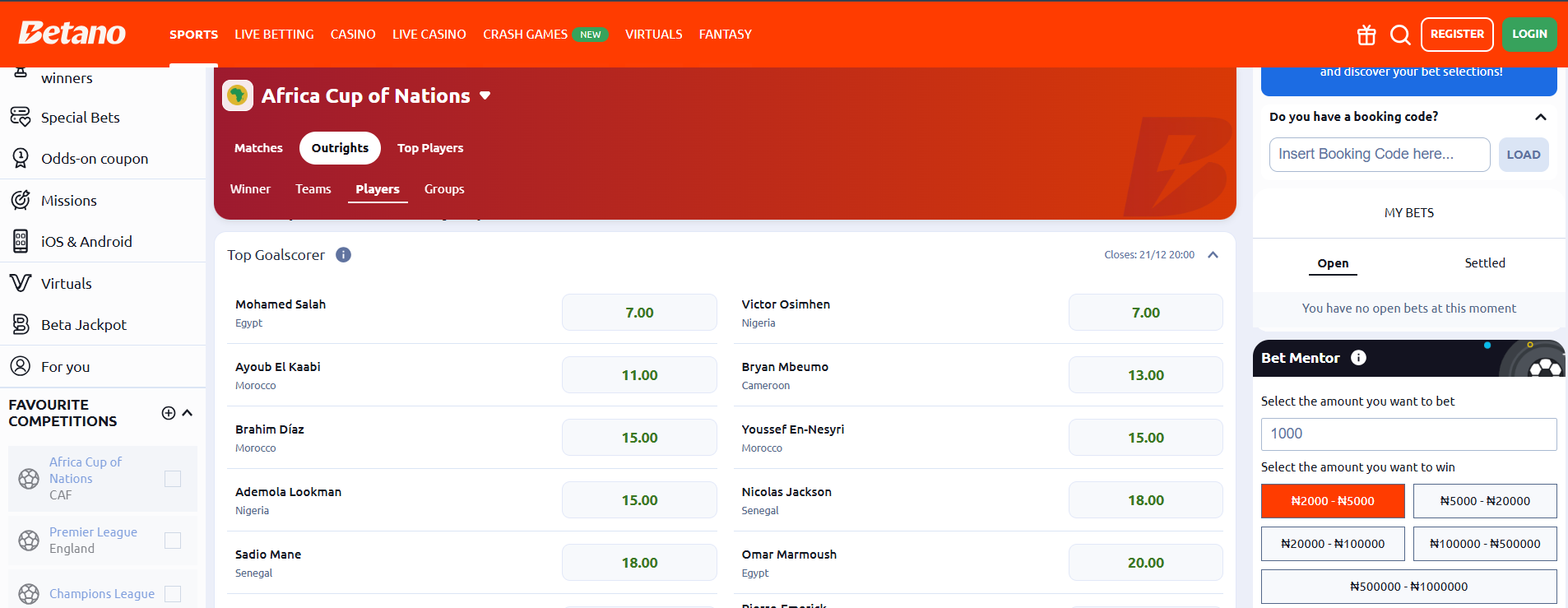 Betano AFCON Top Scorer Outright Odds