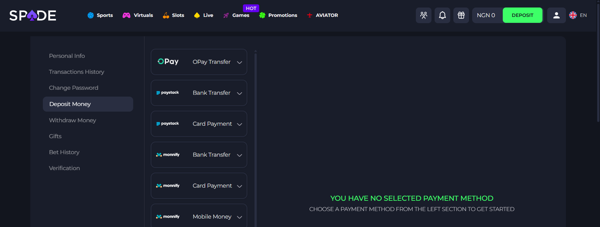 Spade Nigeria Deposit Options