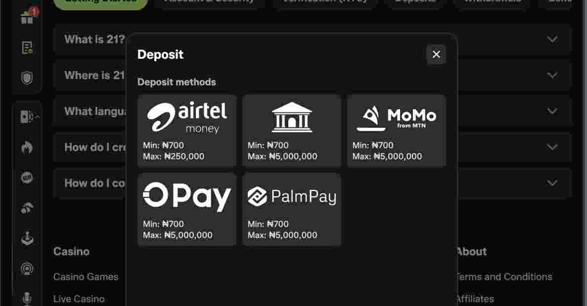 21Bet Nigeria Deposit Options